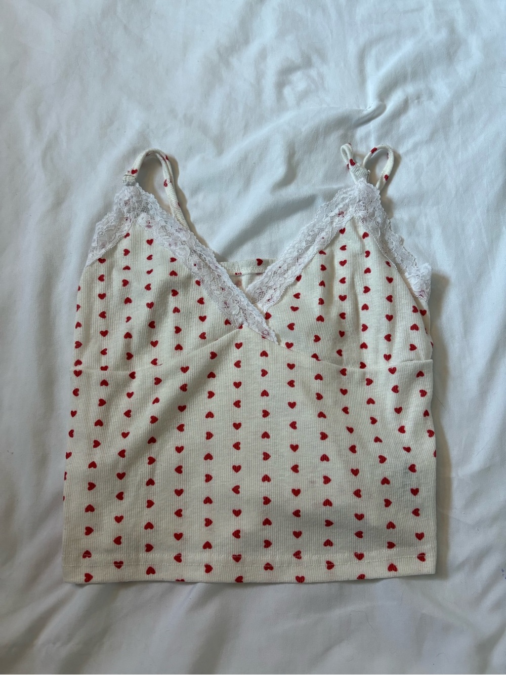 Cream Cami with Red Heart Print and Lace Trim